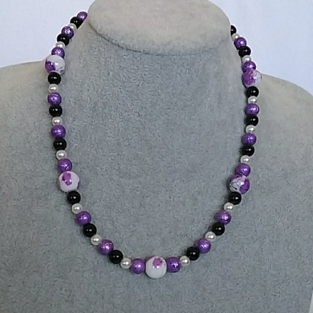 Purple, white, black beaded necklace